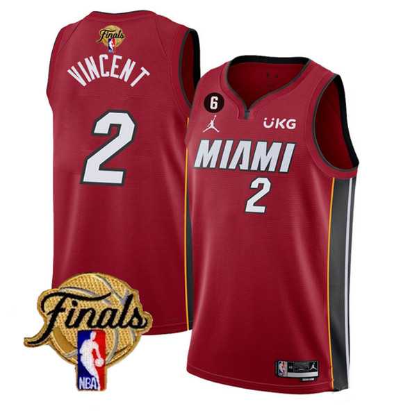 Mens Miami Heat #2 Gabe Vincent Red 2023 Finals Statement Edition With NO.6 Patch Stitched Basketball Jersey Dzhi